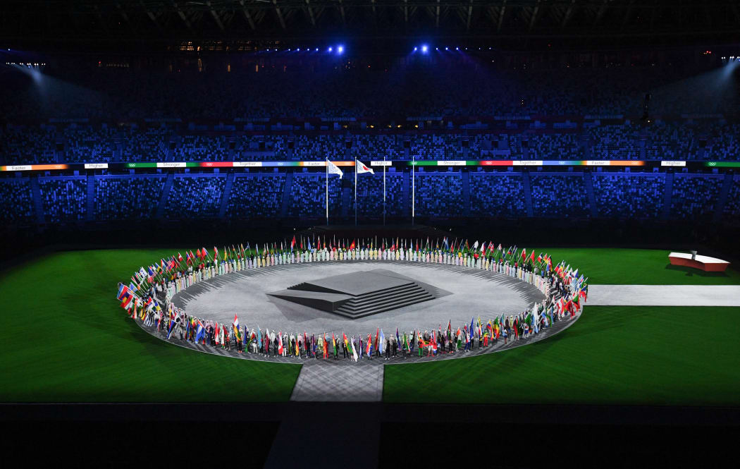 A general view of the march of the athletes during the closing ceremony of the Tokyo 2020 Olympic Games at the Olympic Stadium in Tokyo, Japan.