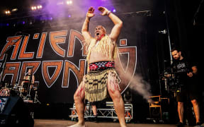 Kane Harnett-Mutu performing a haka before a performance by New Zealand band Alien Weaponry at a heavy metal festival in Denmark.