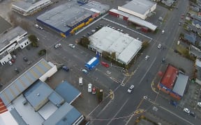 Aerial view of the cordoned off area around the Work and Income offices in Ashburton.
