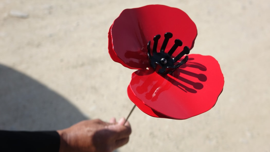 Mary-Anne O'Donnell made a metre-high metal poppy to be laid on behalf of her son Tim at Chunuk Bair.