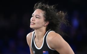 Tayla Ford of New Zealand during her fight against Sarah Clossick of Great Britain in the women's freestyle 86kg quarterfinal at the 2022 Birmingham Commonwealth Games.