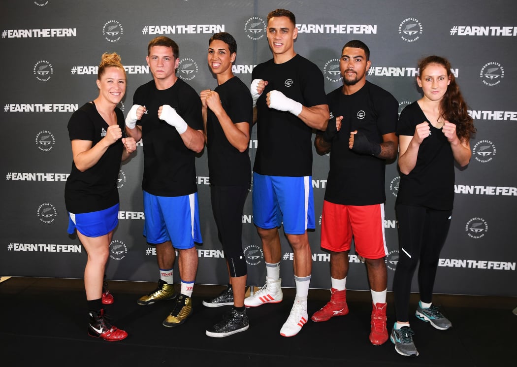 Boxers: Troy Garton, Ryan Scaife, Alexis Pritchard, David Nyika, Leroy Hindley and Tasmyn Benny pose for a photo during the New Zealand Olympic Committee boxing announcement for the Gold Coast 2018 Commonwealth Games.