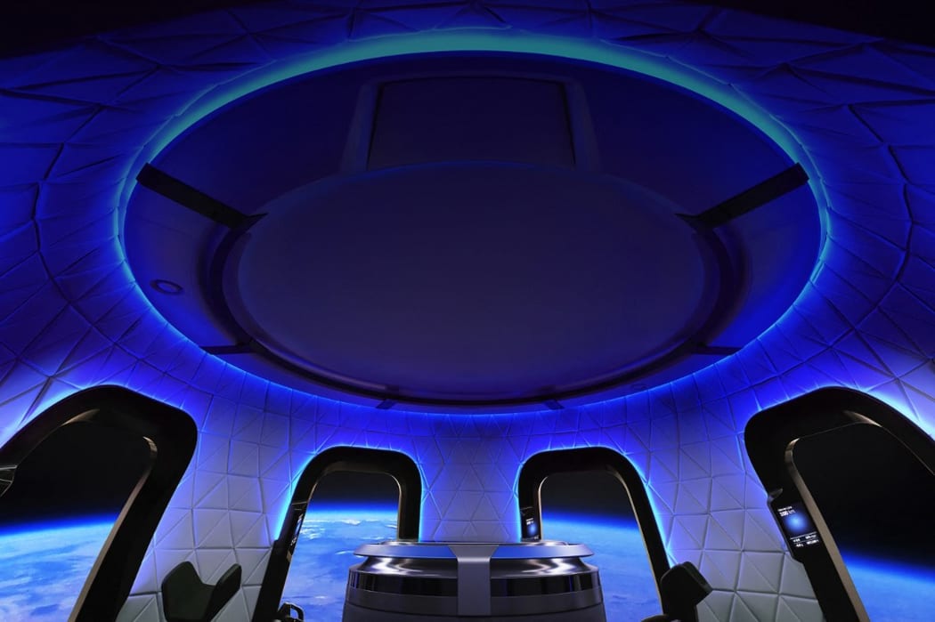 The interior of the Blue Origin Crew Capsule. The company founded by American billionaire Jeff Bezos will send humans into space for the first time on July 20, for a journey of a few minutes in zero gravity aboard his New Shepard rocket.