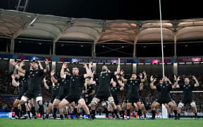 The All Blacks performing the haka before they played Namibia at Stadium de Toulouse on 15 September in Toulouse, France.