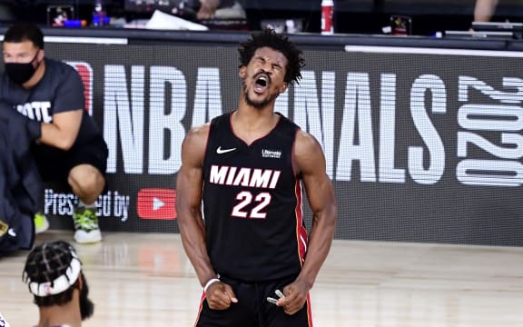 Jimmy Butler of the Miami Heat reacts during the second half against the Los Angeles Lakers in Game Three of the 2020 NBA Finals