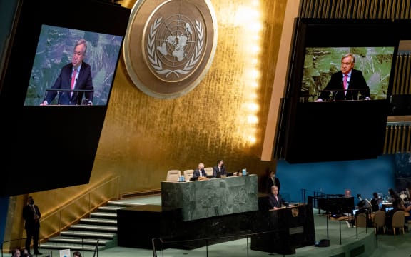 United Nations Secretary-General Antonio Guterres addresses the 77th session of the United Nations General Assembly at UN headquarters in New York City on September 20, 2022.