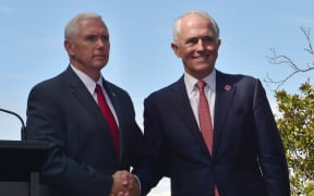 Mike Pence (left) and  Malcolm Turnbull after a joint media conference at the Kirribilli House Sydney on 22 April 2017.