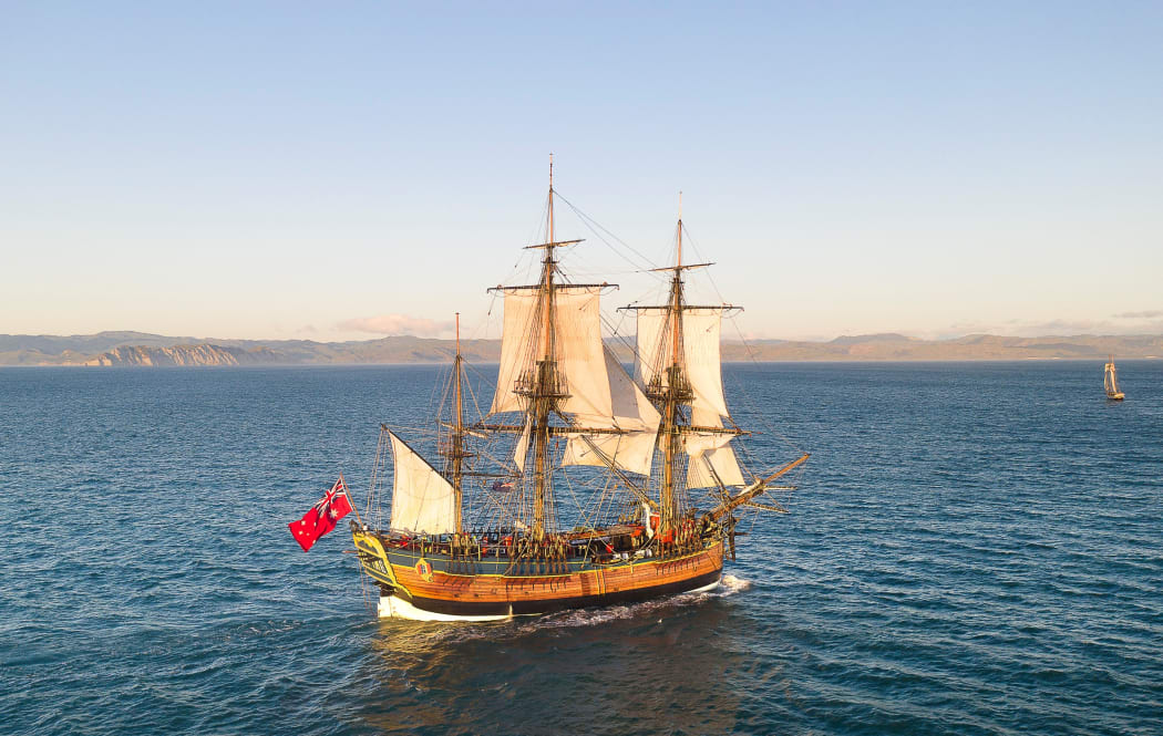 Endeavour replica arriving in Tūranganui-a-Kiwa (Poverty Bay) this morning with Young Nicks Head in background.