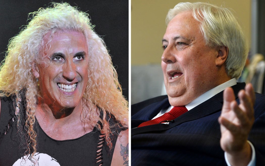 (COMBO) This combination of file photos shows singer Dee Snider (L) of the US hard rock group Twisted Sister performing on stage on August 6, 2010 at the Freewheels site in the French city of Courpiere; and Australian billionaire Clive Palmer (R)