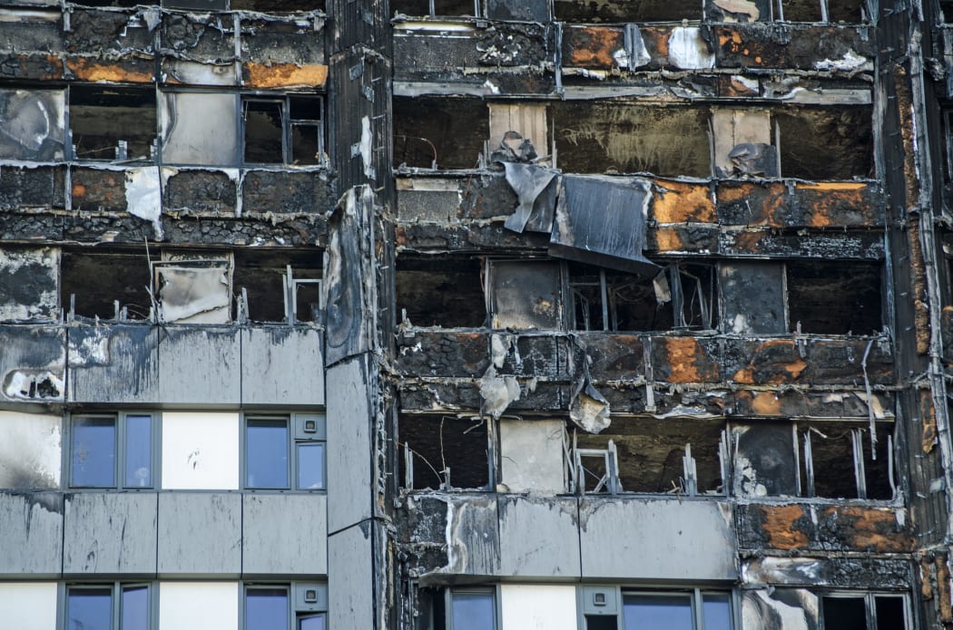 Close up view of the exterior of the Grenfell Tower block of flats in which at least 80 people lost their lives in a fire. In the Australian state of Victoria $600m is being used to fund remedial work.