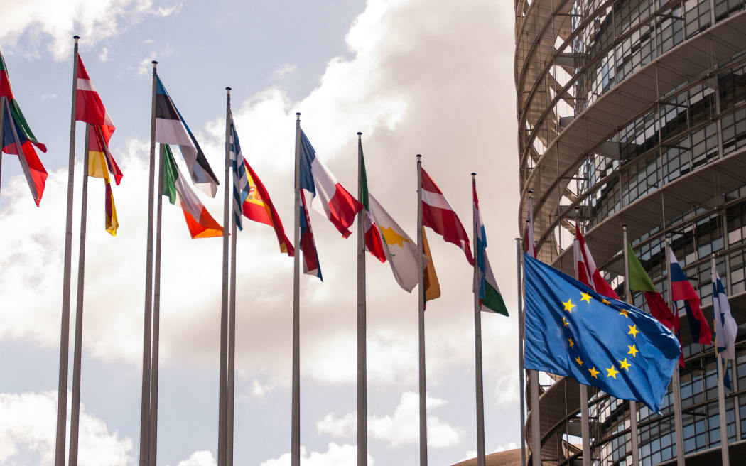 Some of the flags of the 27 member states of the European Union in front of the European Parliament in Strasbourg, France, on 10 April 2024. The European elections are approaching, and will take place between 6 and 9 June 2024.
Quelques drapeaux parmi les 27 etats membres de l union europeen devant le parlement europeen de Strasbourg, France, le 10 avril 2024. Les elections europeennes approchent, elles se deroulent entre le 6 et 9 juin 2024. (Photo by Tobias Canales / Hans Lucas / Hans Lucas via AFP)