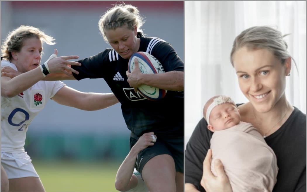Left: Chelsea playing for the Black Ferns against England in 2019 (Photosport). Right: With newborn Cami (Instagram)