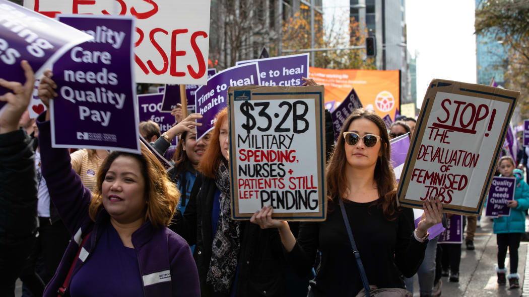 Nurses strike and rally. march down Queen St and meet at Aotea Square