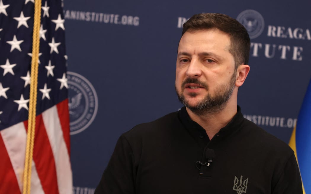 Ukrainian President Volodymyr Zelensky speaks at the Ronald Reagan Presidential Foundation and Institute in Washington, DC, on July 9, 2024.