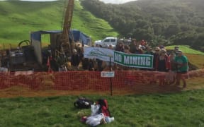 Protesters in Karangahake want Newcrest Mining to stop exploring for gold.