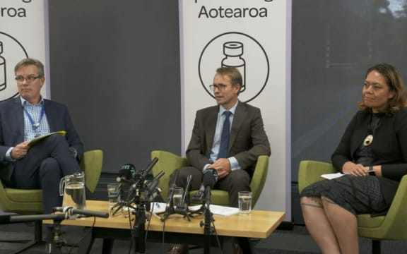 Director-General of Health Dr Ashley Bloomfield, Counties Manukau DHB chief executive Fepulea'i Margie Apa, and Ministry of Health deputy director-general for data and digital Shayne Hunter give a briefing about the vaccine rollout.