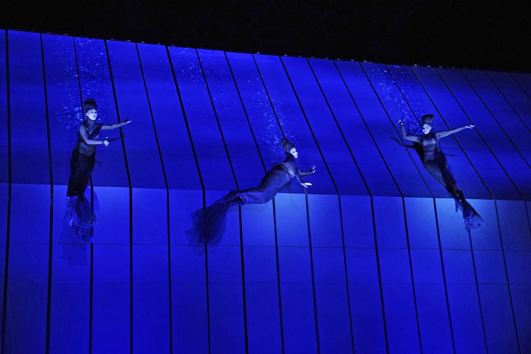 Samantha Hankey as Wellgunde, Amanda Woodbury as Woglinde, Tamara Mumford as Flosshilde