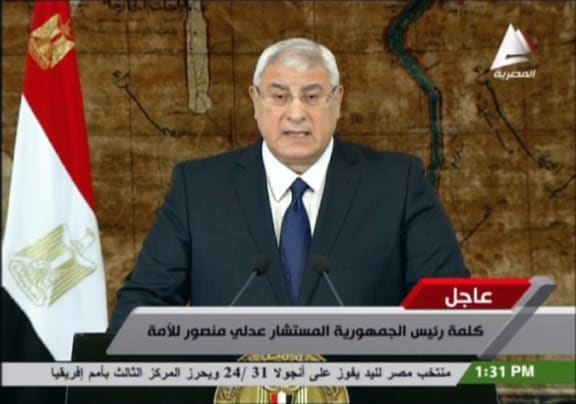 Interim President Adly Mansour giving a speech in Cairo.