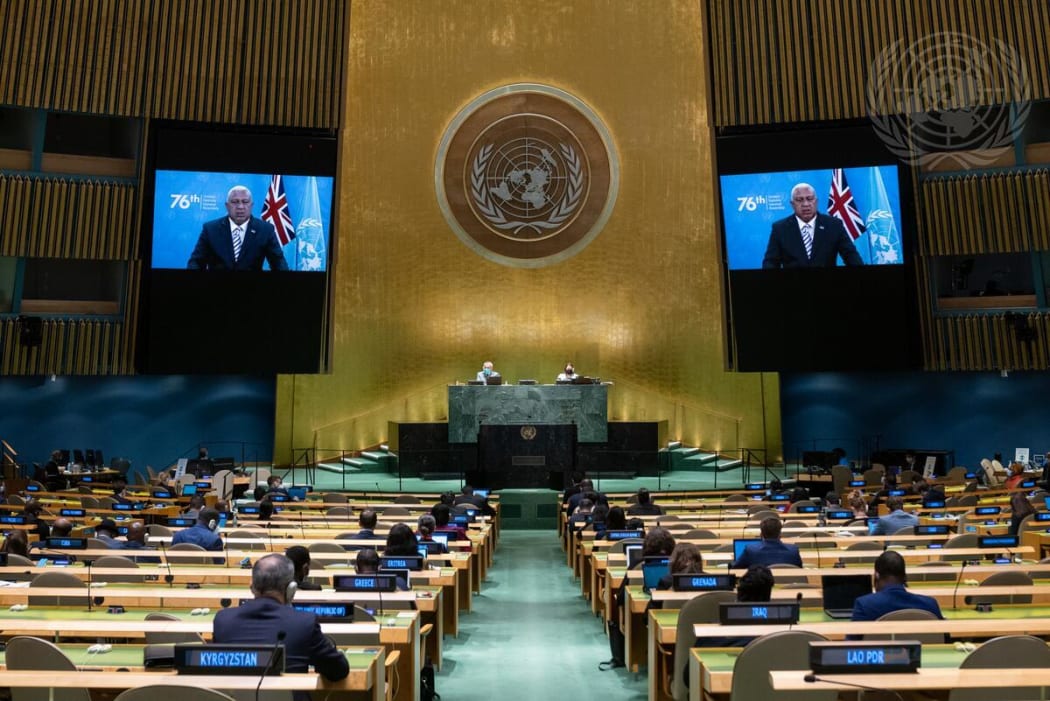 Fiji's Prime Minister Frank Bainimarama addresses the UN General Assembly.