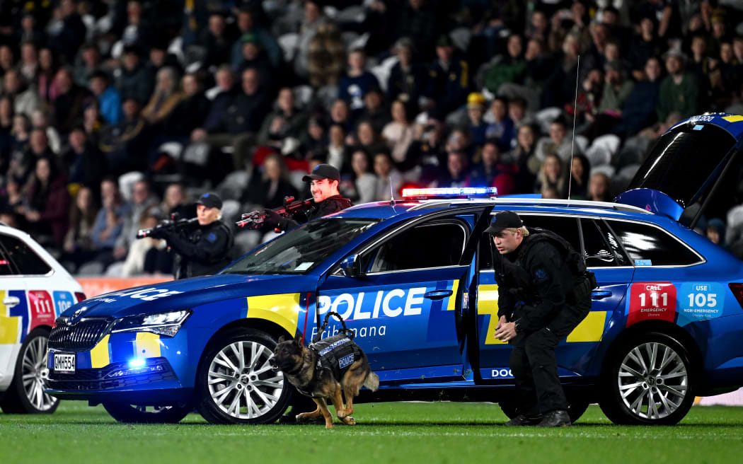 New Zealand Police staff perform a demonstration at half time.