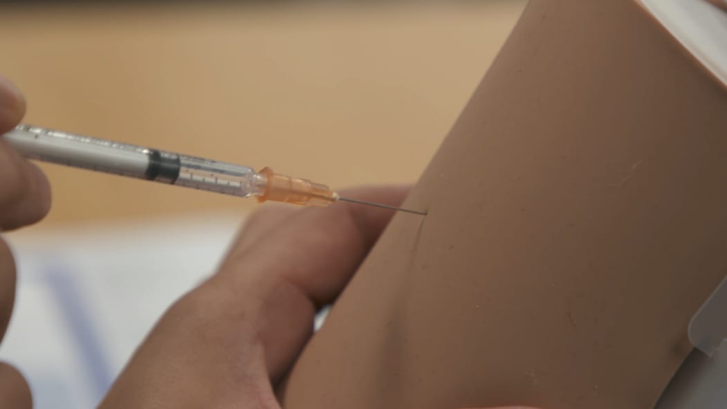 A needle is inserted into a 'simulation arm' in Covid-19 vaccine training.