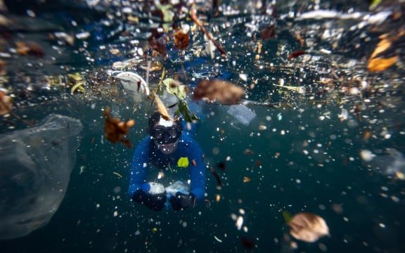 Turkish world record-holder free-diver Sahika Encumen collects rubbish from the sea as she dives in Ortakoy coastline to observe the life and pollution in the Bosphorus in Istanbul, Turkey on June 27, 2020.
