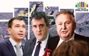 Composite of Shane Jones, Chris Bishop and Simeon Brown in front of a digger