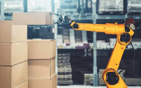 Smart robot arm system for innovative warehouse and factory digital technology . Automation manufacturing robot controlled by industry engineering using IOT software connected to internet network .