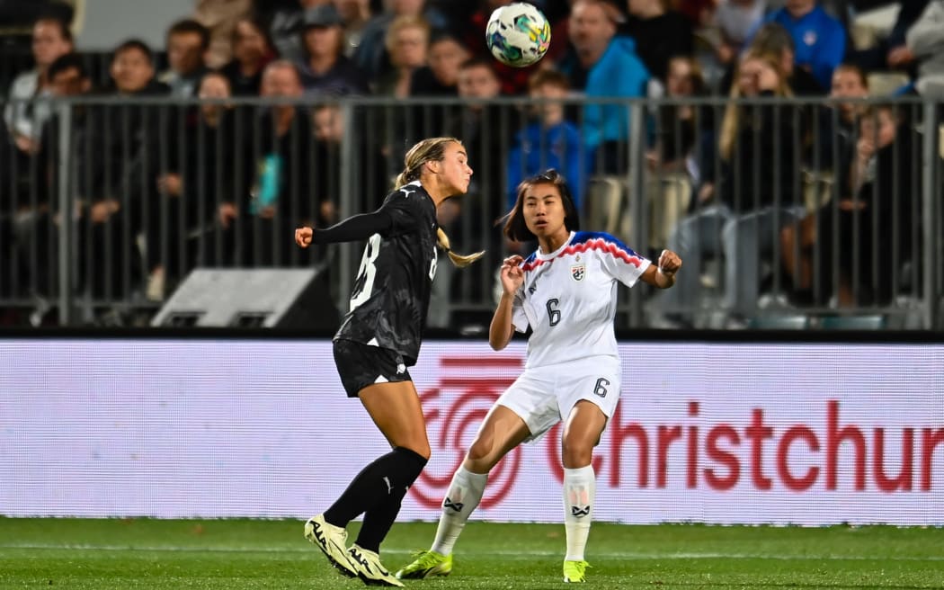 Macey Fraser of New Zealand and Pattaranan Aupachai of Thailand during the International Womens Football match, New Zealand Football Ferns Vs Thailand, Apollo Projects Stadium, Christchurch.