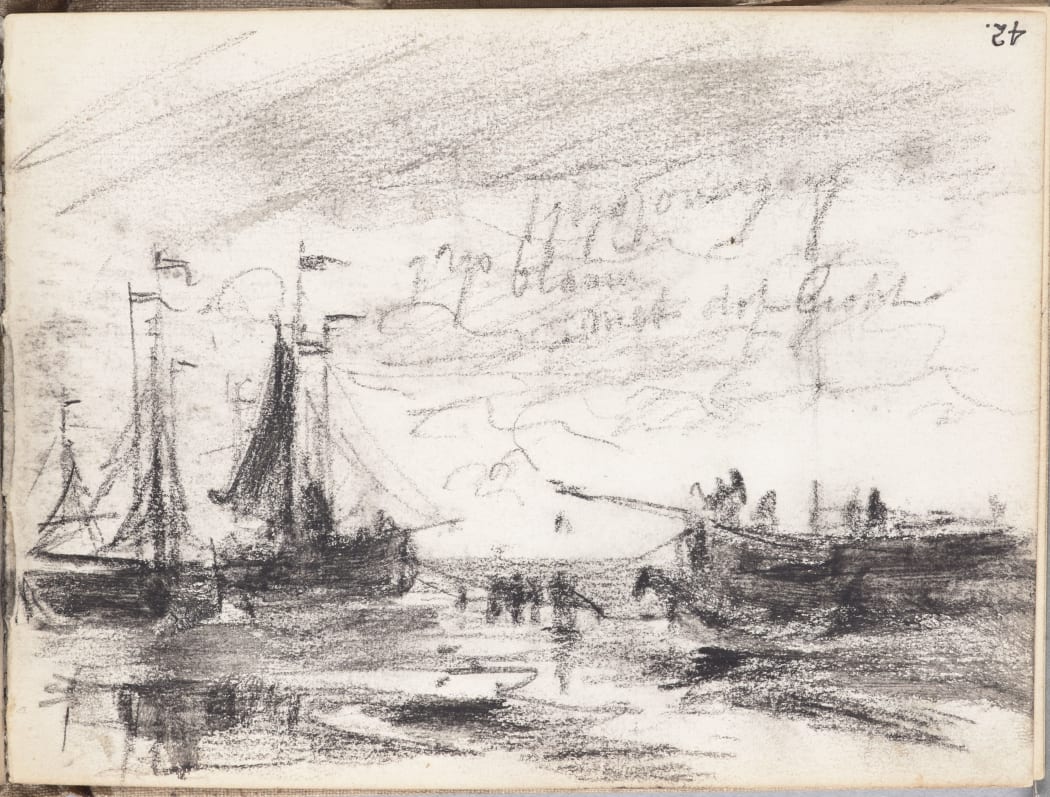 Landscape sketch with figures towing sailing craft by Petrus van der Velden, circa 1874