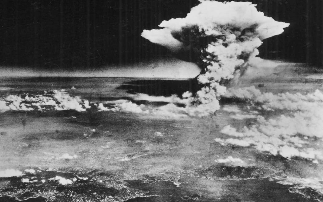 The mushroom cloud expanding above Hiroshima after the nuclear explosion, on 6 August 1945.