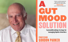 A composite showing a photograph of Professor Gordon Parker on the left and the cover of the book 'A Gut Mood Solution' by Professor Gordon Parker on the right. Gordon smiles at the camera, wearing a white shirt and a tie patterned with giraffes. The book cover has a plain white background, colourful title, and the subtitle: "A GROUNDBREAKING STRATEGY FOR MANAGING BIPOLAR DISORDERS".