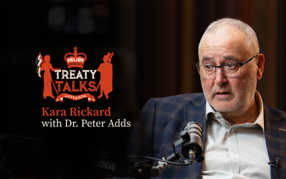 Crest referencing the nz coat of arms but featuring silhouette of a woman holding tino rangatiratanga flag and a crown with māori designs and the word Aotearoa at the base.
Colours are mainly red with some cream, all on a black background.
Text reads Kara Rickard with Dr. Peter Adds. 
Image of guest in conversation with host Kara (who is out of shot)