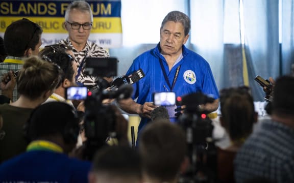 Minister of Foreign Affiars Winston Peters speaks to the media after his meeting with Australian Minister of Foreign Affairs Marice Payne in Nauru during the Pacific Island Forum.