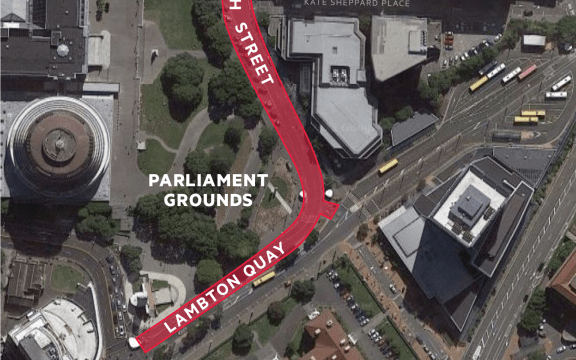 A map showing which roads are closed due to a protest to Parliament on 23 August 2022.