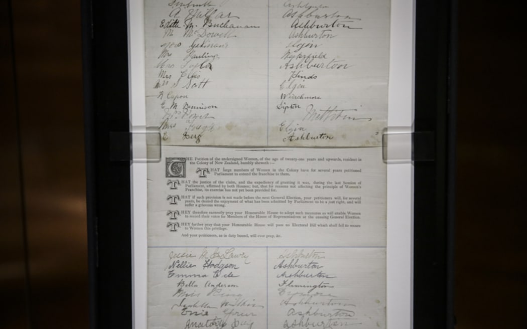 Women's Suffrage Petition, signed by about 24,000 New Zeland women. He Tohu, a new permanent exhibition of three iconic constitutional documents that shape Aotearoa New Zealand. Treaty of Waitangi, Declaration of Independence and Women's Suffrage Petition.