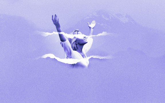 Image of a smiling woman with her hands raised in the air in a "praising" style. Her eyes are covered with a teared page rip across her face and across the image below. There are mountains in the distance behind her. The image is in a purple wash. The RNZ badge is in the bottom left corner.