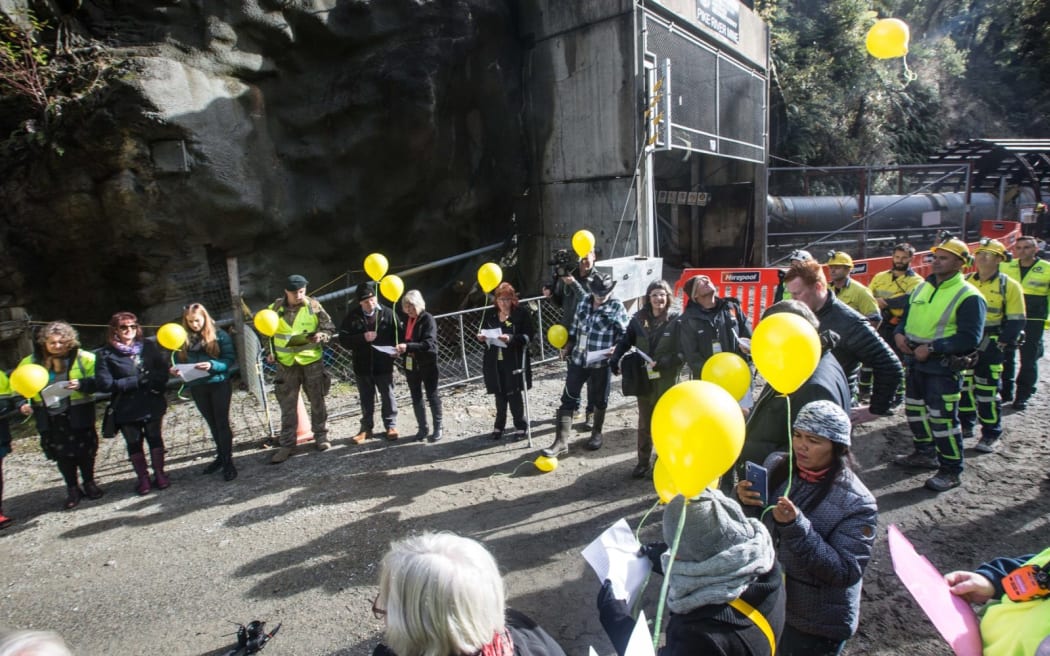 Pike River families gather at the mine portal in May 2019.