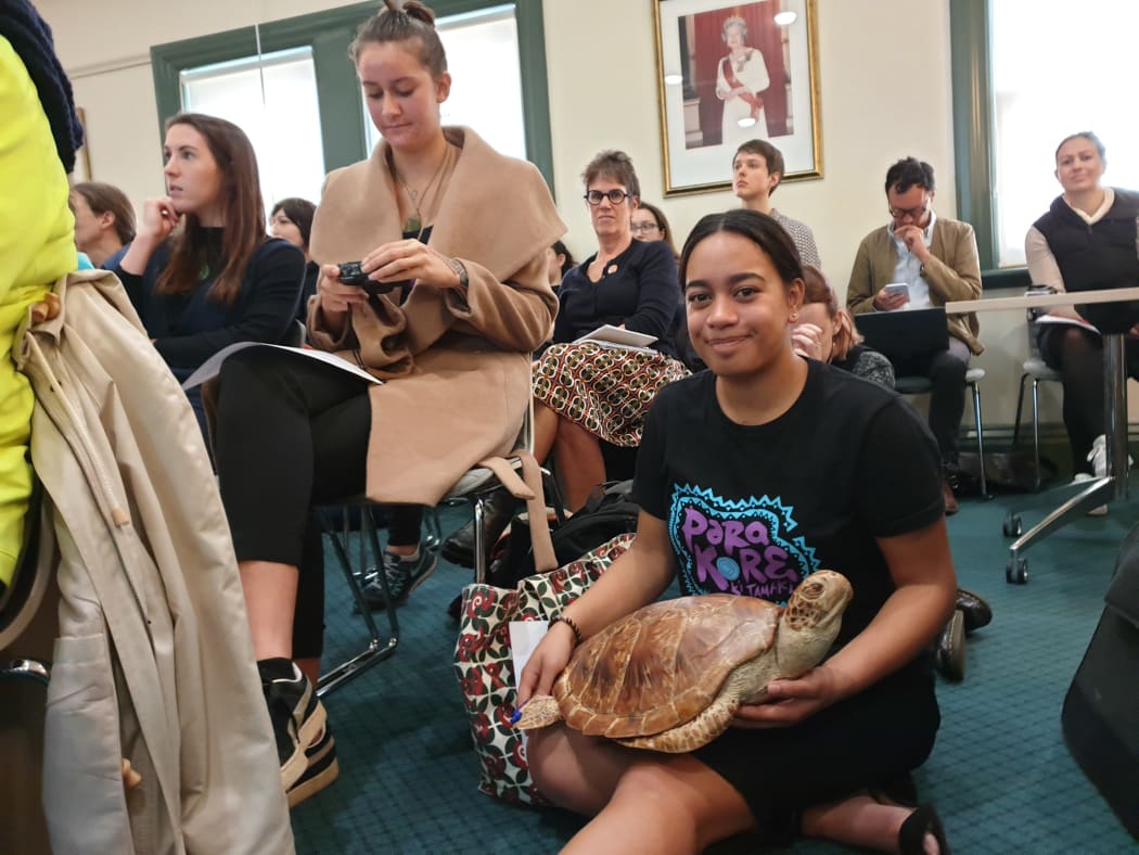Waiata Rameka-Tupe with the dead New Zealand sea turtle named Tama Kahurangi, which had a stomach full of plastic, at packed Auckland Council meeting.