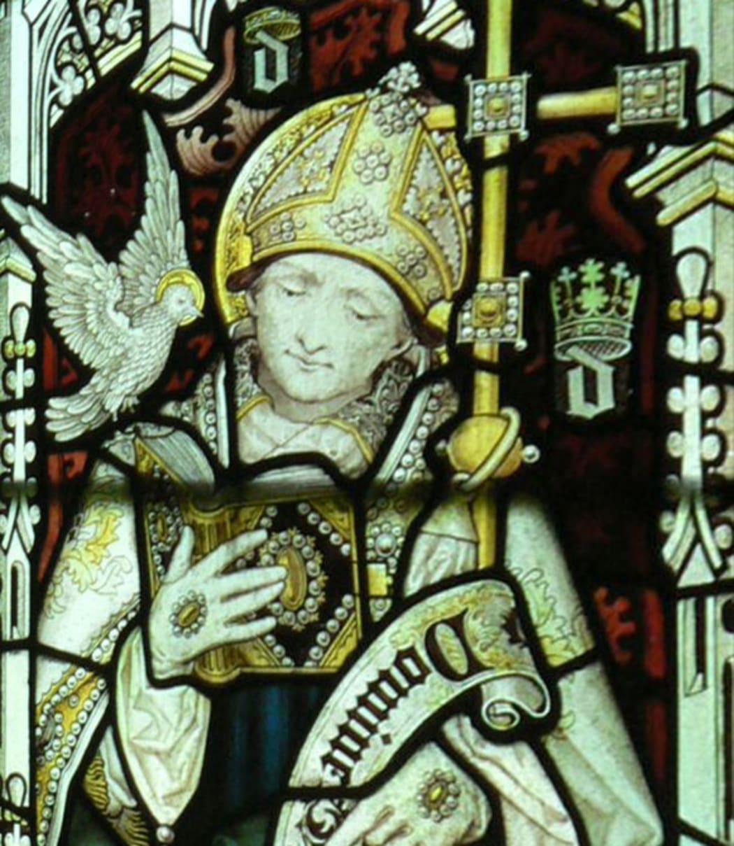 Stained glass window in Jesus College Chapel, Oxford, showing St David. Late 19th century.