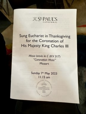 Order of service for a Sung Eucharist in Thanksgiving for the Coronation of His Majesty King Charles III.