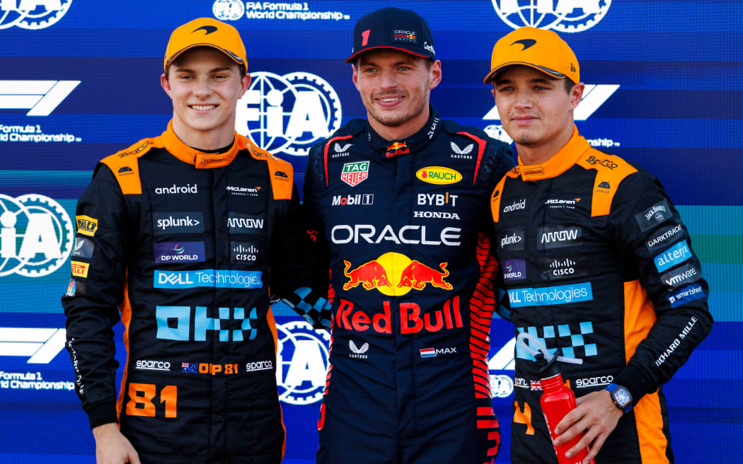 Formula One drivers Oscar Piastri, Max Verstappen and Lando Norris, 2023