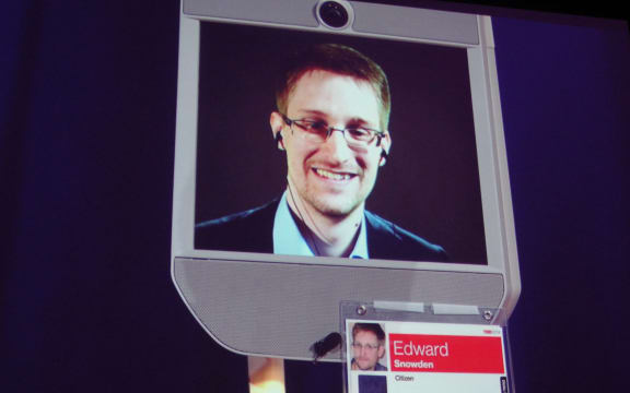 Edward Snowden appearing by remote-controlled robot at the Vancouver conference.