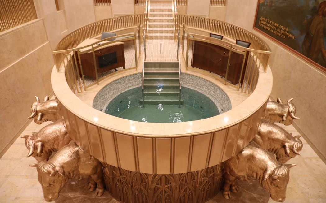 Inside the Hamilton New Zealand Temple. The baptismal font is held inside the temple for the purpose of baptising the deceased.