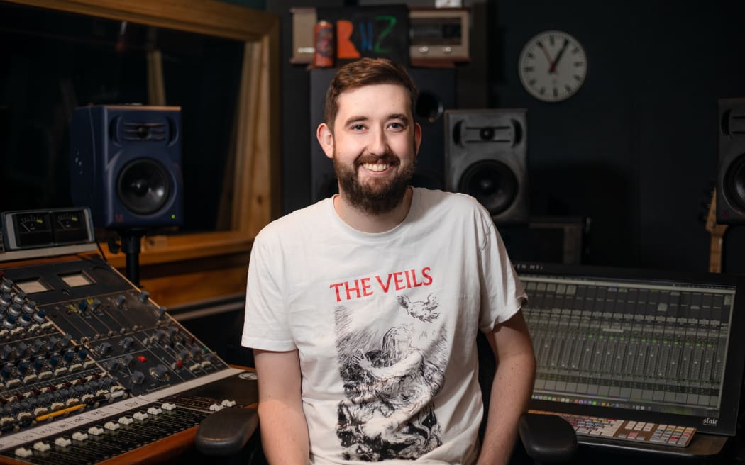Audio engineer Blair wearing his shirt from The Veils for NZ Music T-Shirt Day as part of New Zealand Music Month.