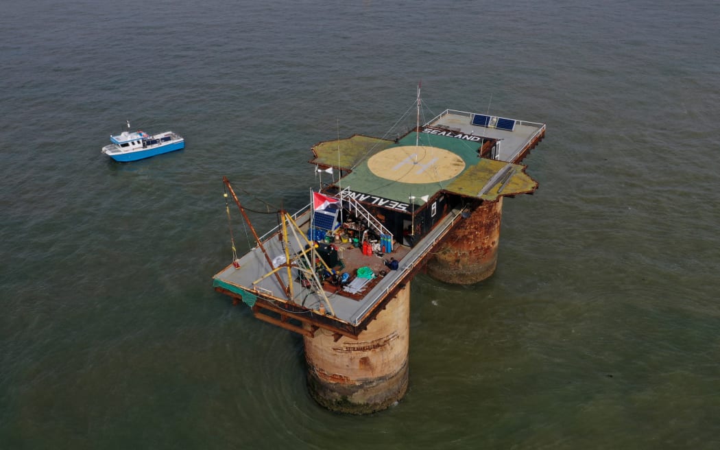 An aerial image shows the Principality of Sealand, some 11 kilometres off the coast of southeast England, on September 16, 2021.