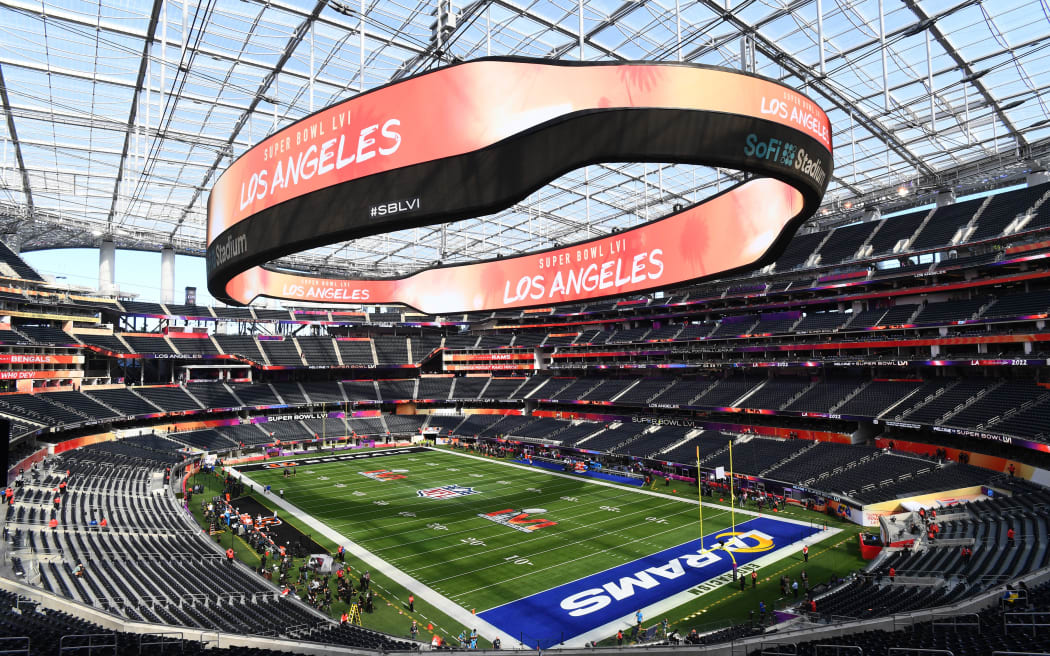 A general view of the interior of the stadium Super Bowl LVI between the Cincinnati Bengals and the Los Angeles Rams at SoFi Stadium in Inglewood, CA. 2022.