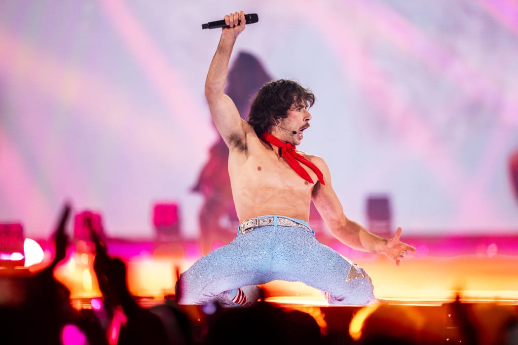 Australia's Go-Jo performs the song "Milkshake Man" during a dress rehearsal for the second semifinal of this year's Eurovision in Basel, Switzerland, on Wednesday, May 14, 2025. (Photo: Ida Marie Odgaard/Ritzau Scanpix) (Photo by Ida Marie Odgaard / Ritzau Scanpix / Ritzau Scanpix via AFP)