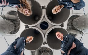 This July 1, 2021, image courtesy of Inspiration4 show the Inspiration4 crew (clockwise from top L) Hayley Arceneaux, Sian Proctor, Chris Sembroski and Jared Isaacman, posing for a photo in Huntsville, Alabama.