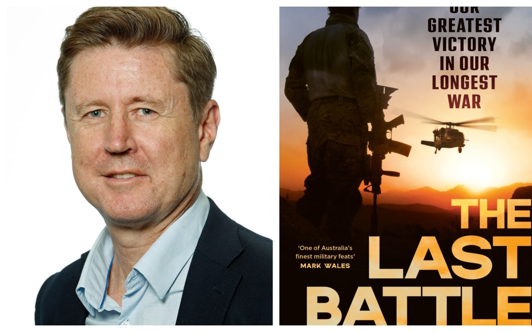 Head shot of a man and second image of the  cover of his book with silhouette of a solider with gun and helicopter against sunset